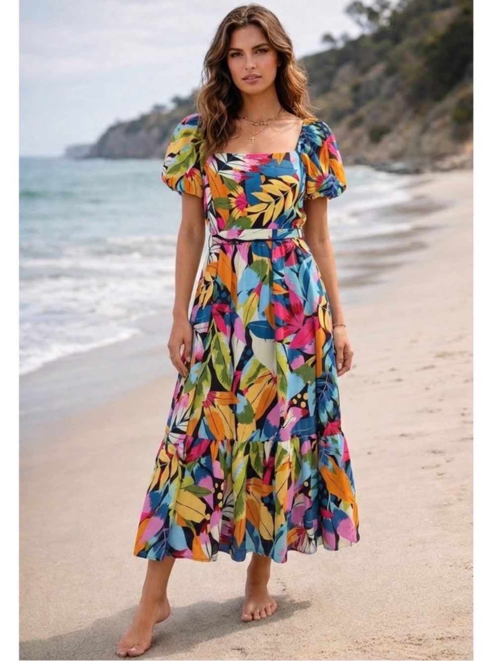 Maia Plus Size Multicolor Tropical Boho Floral Midi Dress for Women